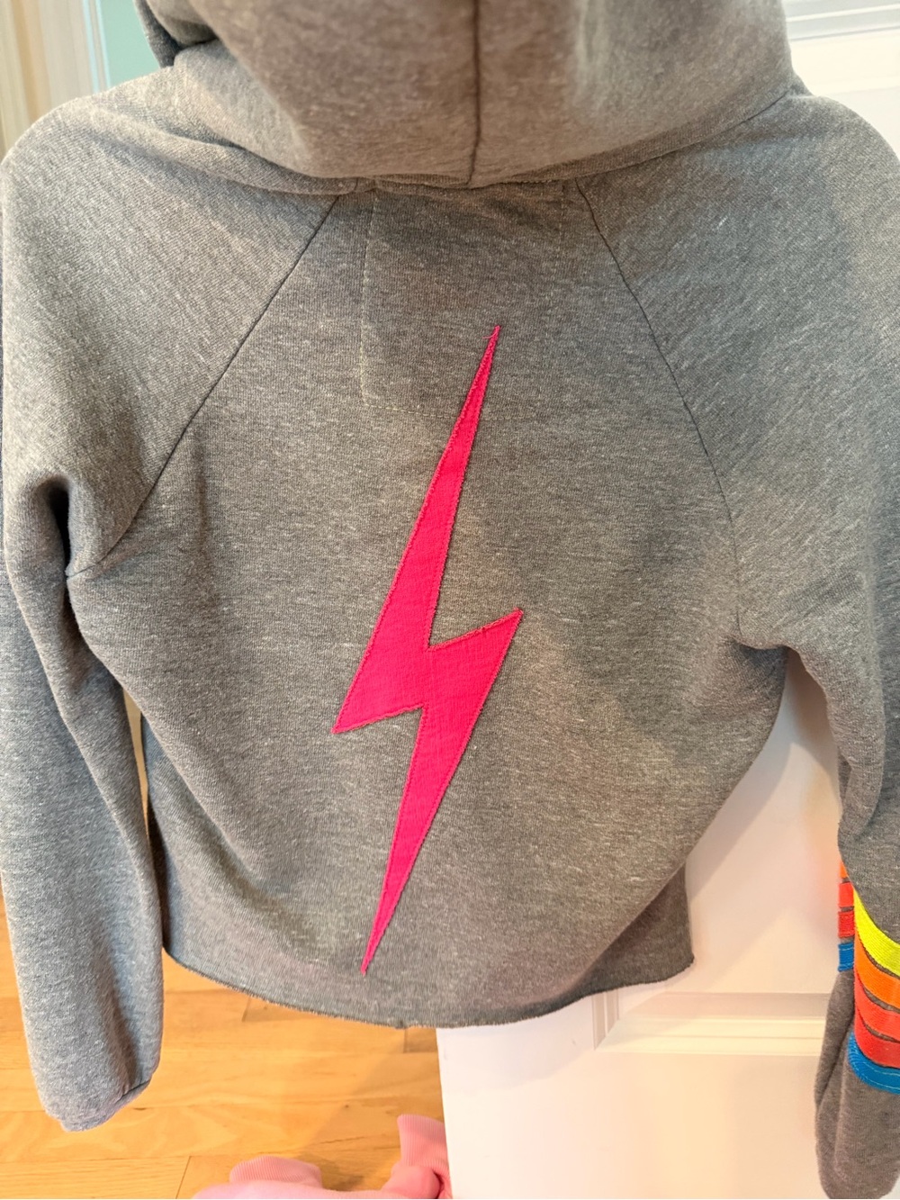 Aviator Nation Gray Hoodie with Neon Stripe Sleeve & Pink Lightning Bolt - Picture 4 of 5